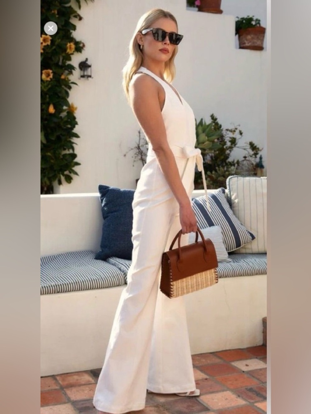Blue Blush White Wide-Leg Jumpsuit with Self-Tie Waist